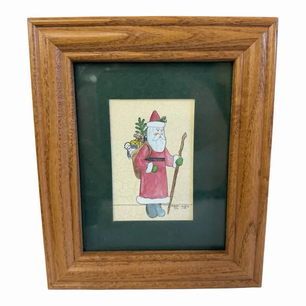 Debbie Yackley 2 Christmas Prints Matted & Framed Santa Folk Art 6.25”x5.25”